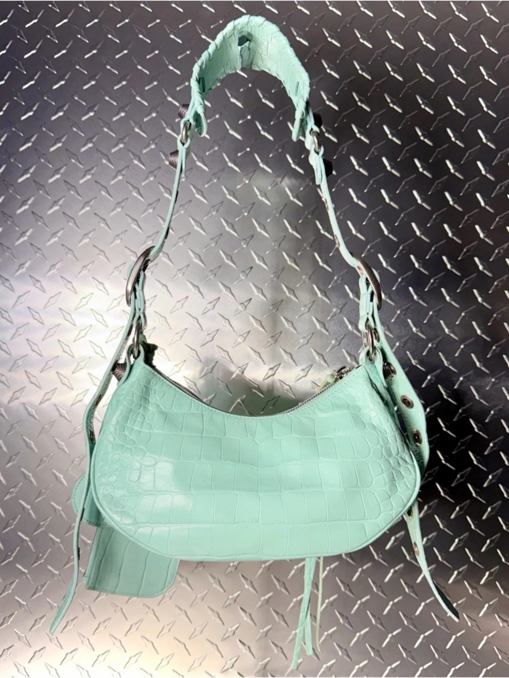 Balenciaga Supple Calfskin Croc Embossed Le Cagole Shoulder Bag in Green Aqua - Picture 2 of 11